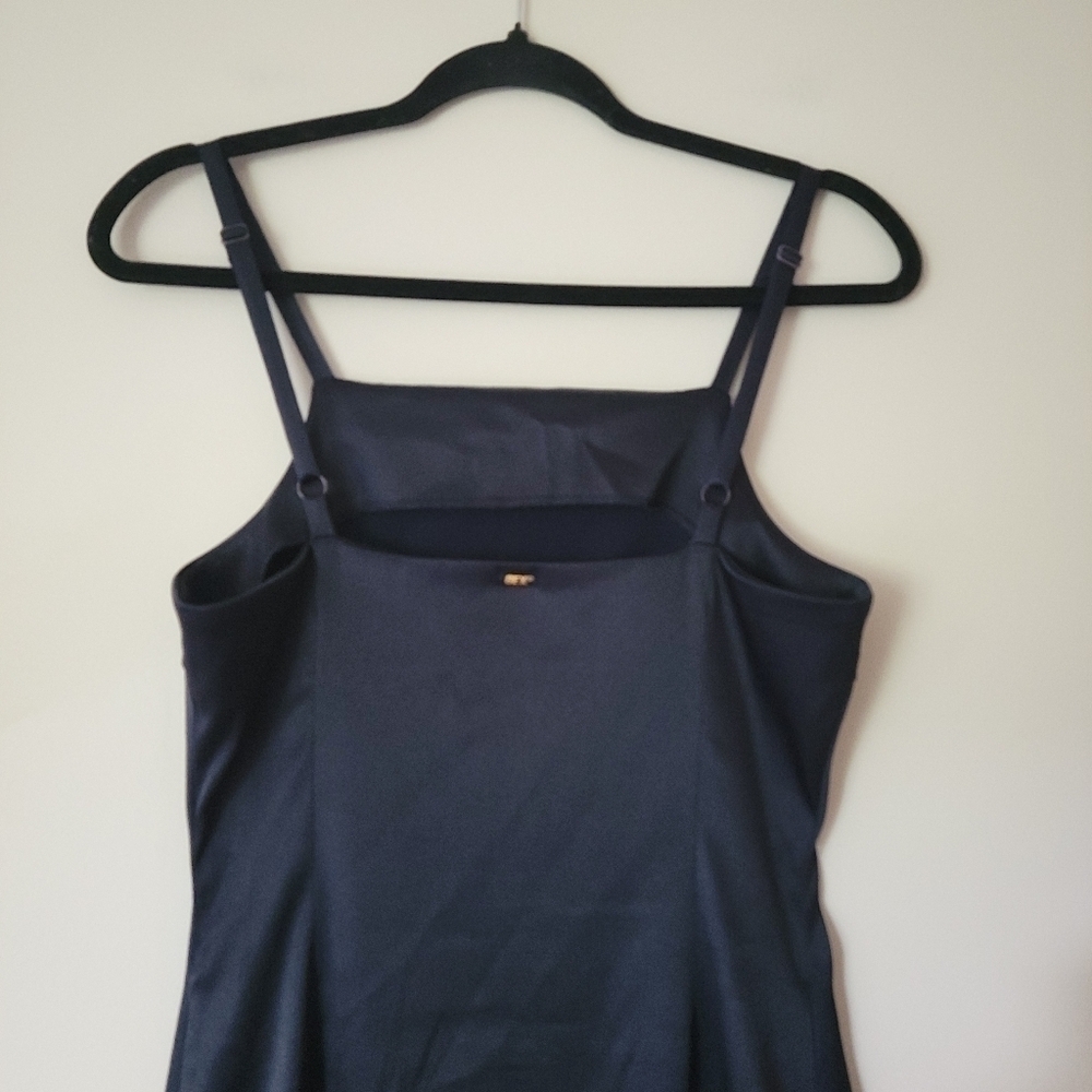 Vintage 90s Y2K Sexy Black Satin Square Bib Neckline Mini Dress Embroidered Sz 7 - Picture 4 of 10